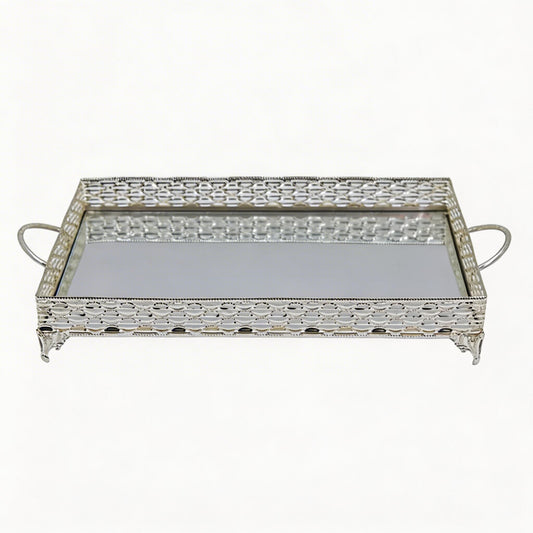 ZEYVE Rectangular Mirrored Serving Tray with Decorative Metal Frame - Silver