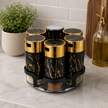 6-Piece Glass Spice Jar Set with Turntable Stand, Black & Gold