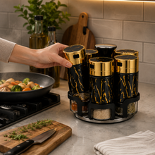 6-Piece Glass Spice Jar Set with Turntable Stand, Black & Gold