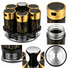 6-Piece Glass Spice Jar Set with Turntable Stand, Black & Gold