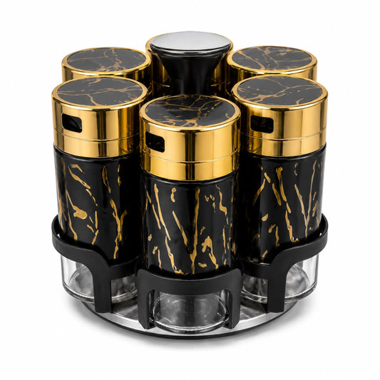 6-Piece Glass Spice Jar Set with Turntable Stand, Black & Gold