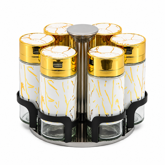 Premium 6 Piece Glass Spice Jars with Turntable Stand