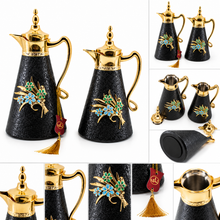 2-Piece Black Vacuum Flask Set (0.7L + 1.0L) with Gold Handle & Floral Accent