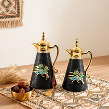 2-Piece Black Vacuum Flask Set (0.7L + 1.0L) with Gold Handle & Floral Accent