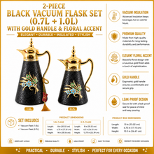 2-Piece Black Vacuum Flask Set (0.7L + 1.0L) with Gold Handle & Floral Accent
