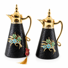 2-Piece Black Vacuum Flask Set (0.7L + 1.0L) with Gold Handle & Floral Accent