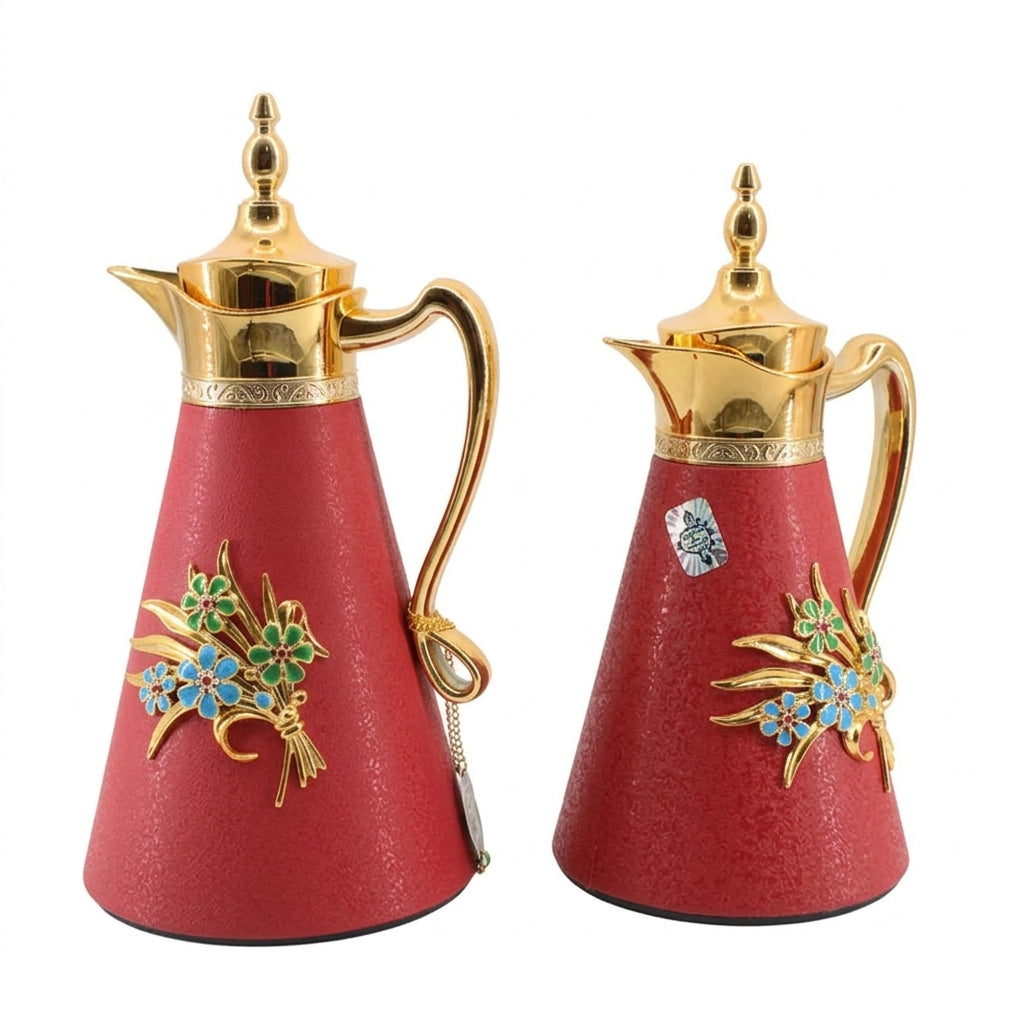 2-Piece Red Vacuum Flask Set (0.7L + 1.0L) with Gold Handle & Floral Accent