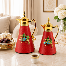 2-Piece Red Vacuum Flask Set (0.7L + 1.0L) with Gold Handle & Floral Accent