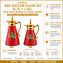 2-Piece Red Vacuum Flask Set (0.7L + 1.0L) with Gold Handle & Floral Accent