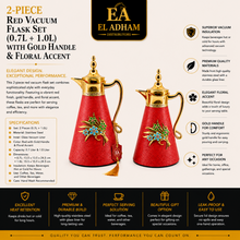 2-Piece Red Vacuum Flask Set (0.7L + 1.0L) with Gold Handle & Floral Accent