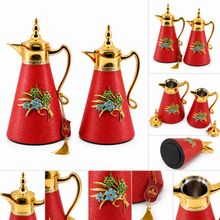 2-Piece Red Vacuum Flask Set (0.7L + 1.0L) with Gold Handle & Floral Accent