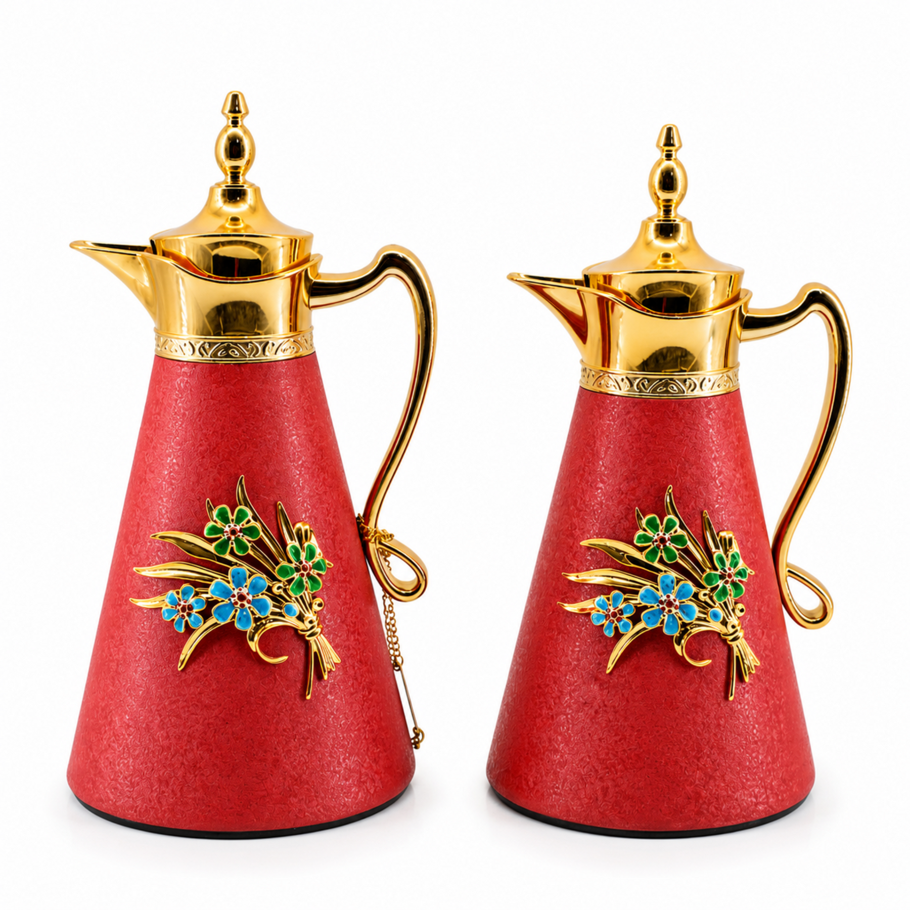 2-Piece Red Vacuum Flask Set (0.7L + 1.0L) with Gold Handle & Floral Accent