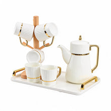 Modern White Coffee Serving Set with Wooden Mug Holder - 9 Piece