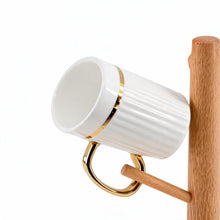 Modern White Coffee Serving Set with Wooden Mug Holder - 9 Piece