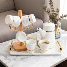 Modern White Coffee Serving Set with Wooden Mug Holder - 9 Piece
