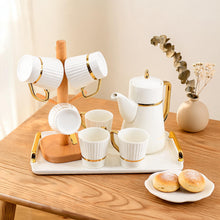 Modern White Coffee Serving Set with Wooden Mug Holder - 9 Piece