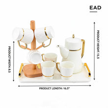 Modern White Coffee Serving Set with Wooden Mug Holder - 9 Piece