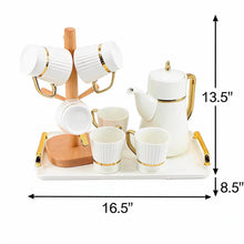 Modern White Coffee Serving Set with Wooden Mug Holder - 9 Piece