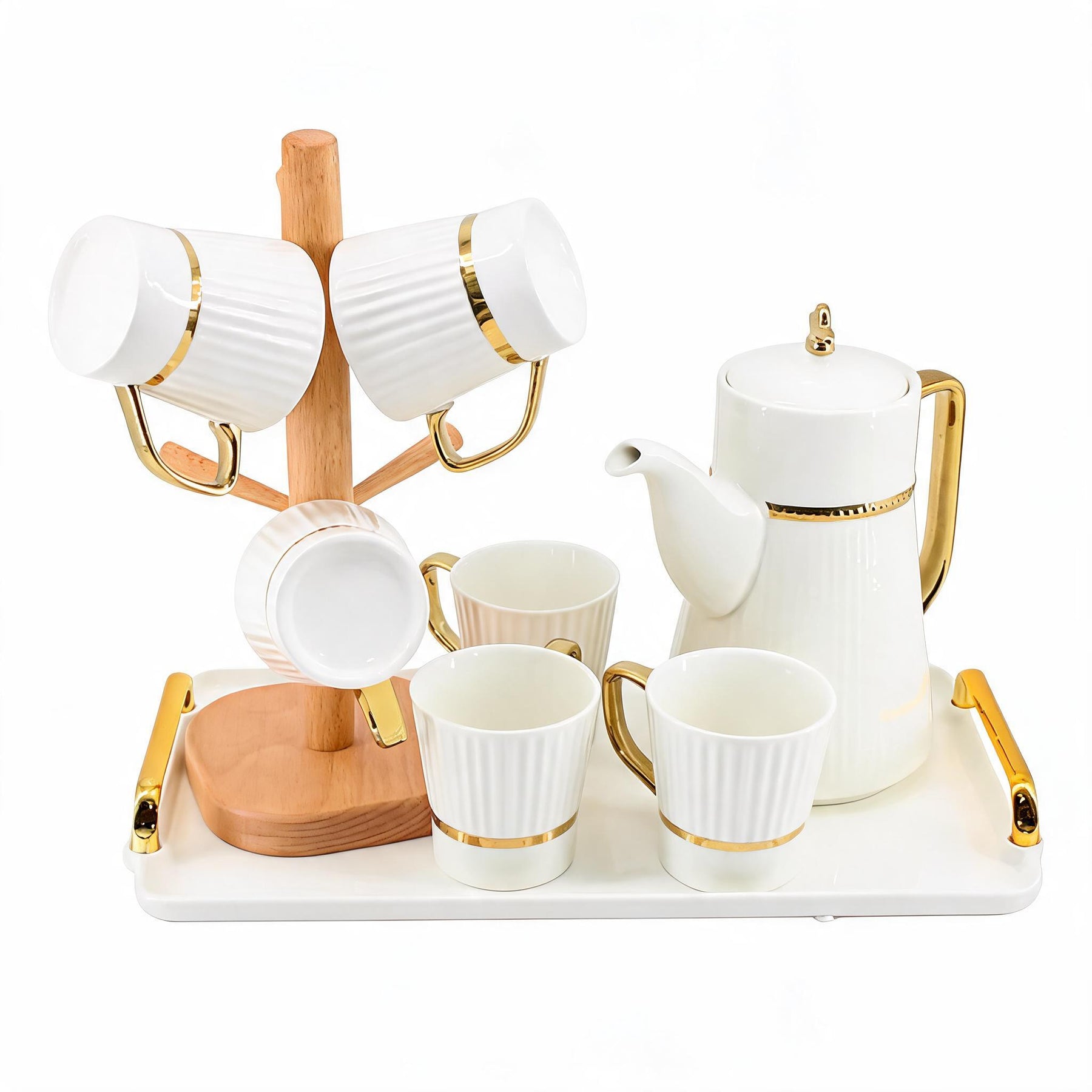 Modern White Coffee Serving Set with Wooden Mug Holder - 9 Piece