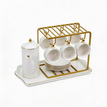 Premium White and Gold Coffee Serving Set with Stand & Tray - 16 PCS