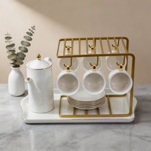 Premium White and Gold Coffee Serving Set with Stand & Tray - 16 PCS