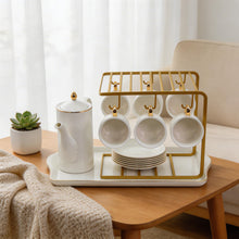 Premium White and Gold Coffee Serving Set with Stand & Tray - 16 PCS