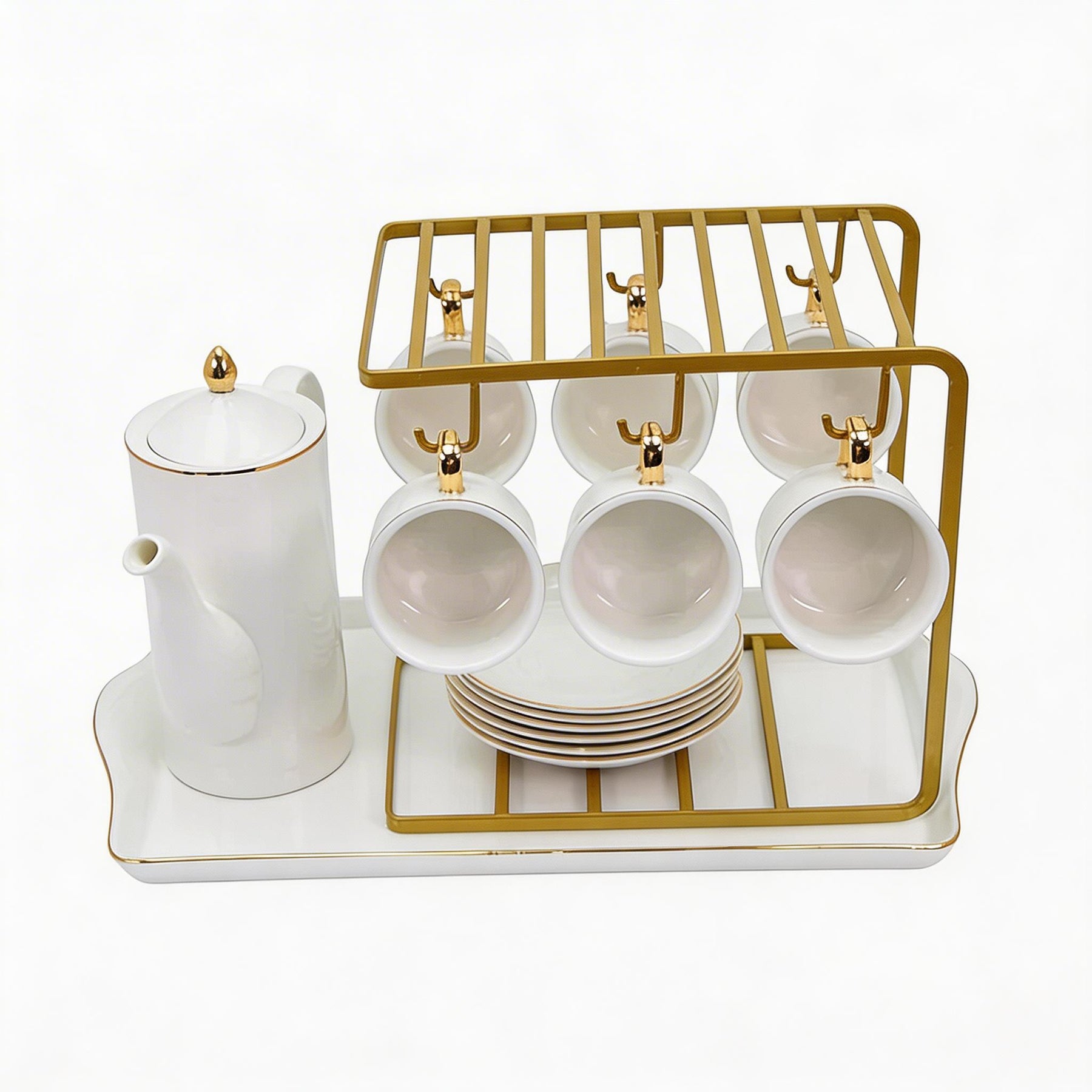 Premium White and Gold Coffee Serving Set with Stand & Tray - 16 PCS