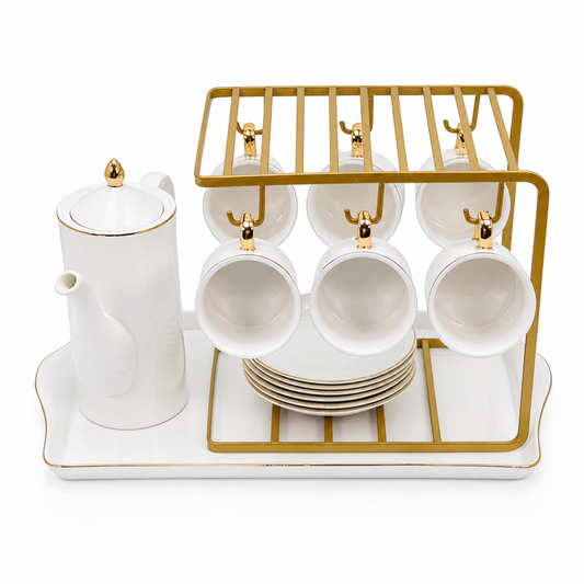 Premium White and Gold Coffee Serving Set with Stand & Tray - 16 PCS