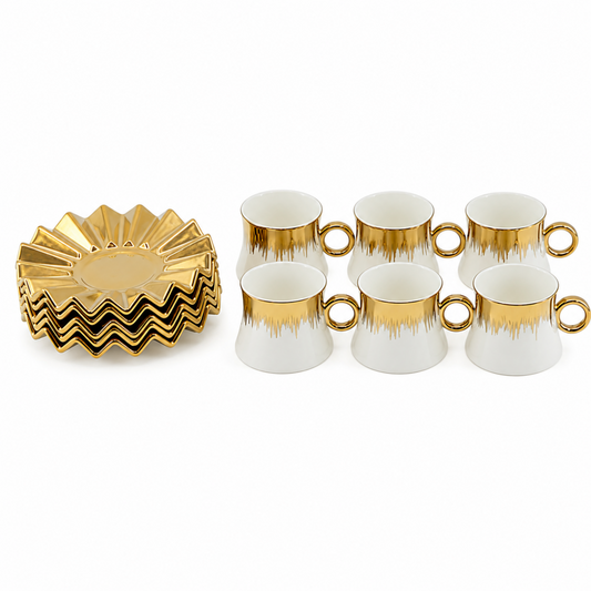 Modern White & Gold Drip Coffee Cup Set – 12-Piece Set with 6 Cups & 6 Matching Saucers