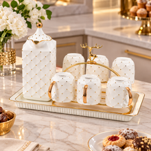 Modern White Polka Dot Coffee Cup & Pot Set with Gold Accents & Tray