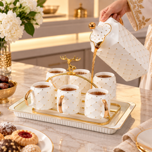 Modern White Polka Dot Coffee Cup & Pot Set with Gold Accents & Tray