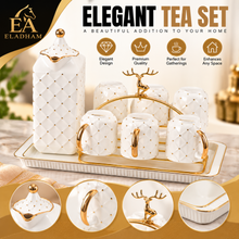 Modern White Polka Dot Coffee Cup & Pot Set with Gold Accents & Tray