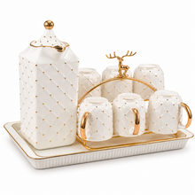 Modern White Polka Dot Coffee Cup & Pot Set with Gold Accents & Tray