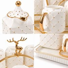 Modern White Polka Dot Coffee Cup & Pot Set with Gold Accents & Tray