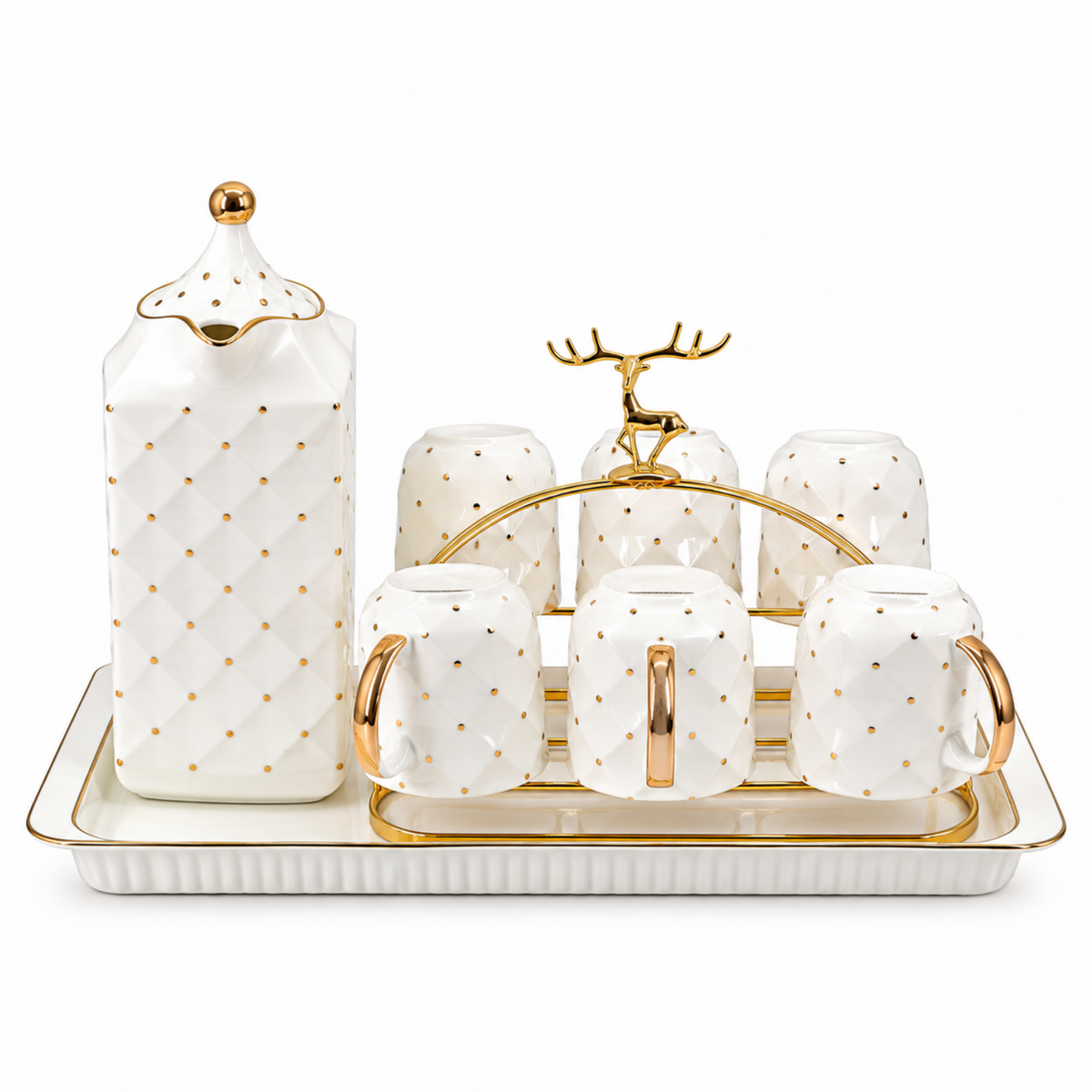 Modern White Polka Dot Coffee Cup & Pot Set with Gold Accents & Tray