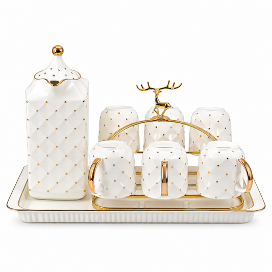 Modern White Polka Dot Coffee Cup & Pot Set with Gold Accents & Tray