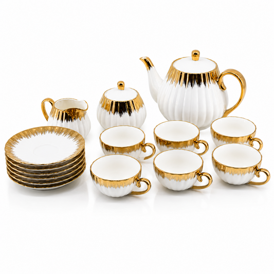 White & Gold Drip Design Coffee Cup Collection - 17 PCS Fine Porcelain