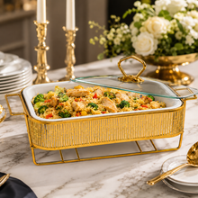 Elegant Stripe Pattern Gold Rectangular Serving Dish with Glass Lid and Metal Stand - 8.5"