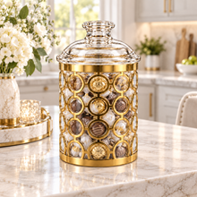 Clear Storage Canister with Gold-Tone Circular Frame & Decorative Dome Lid