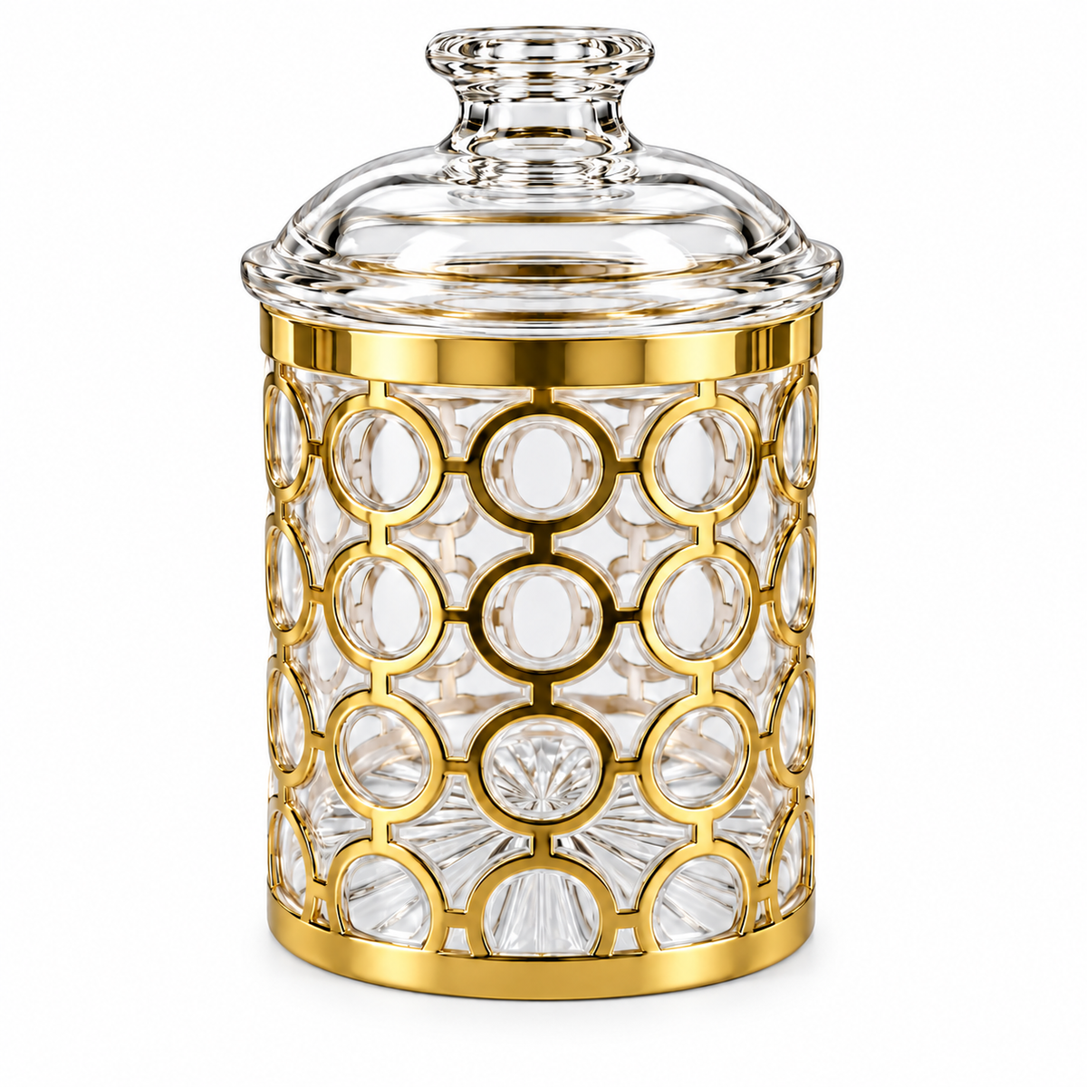 Clear Storage Canister with Gold-Tone Circular Frame & Decorative Dome Lid