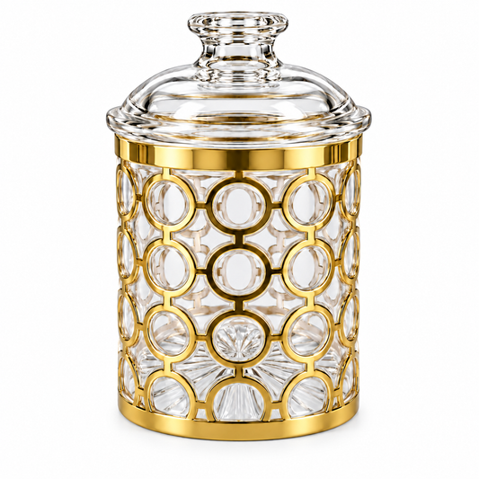 Clear Storage Canister with Gold-Tone Circular Frame & Decorative Dome Lid
