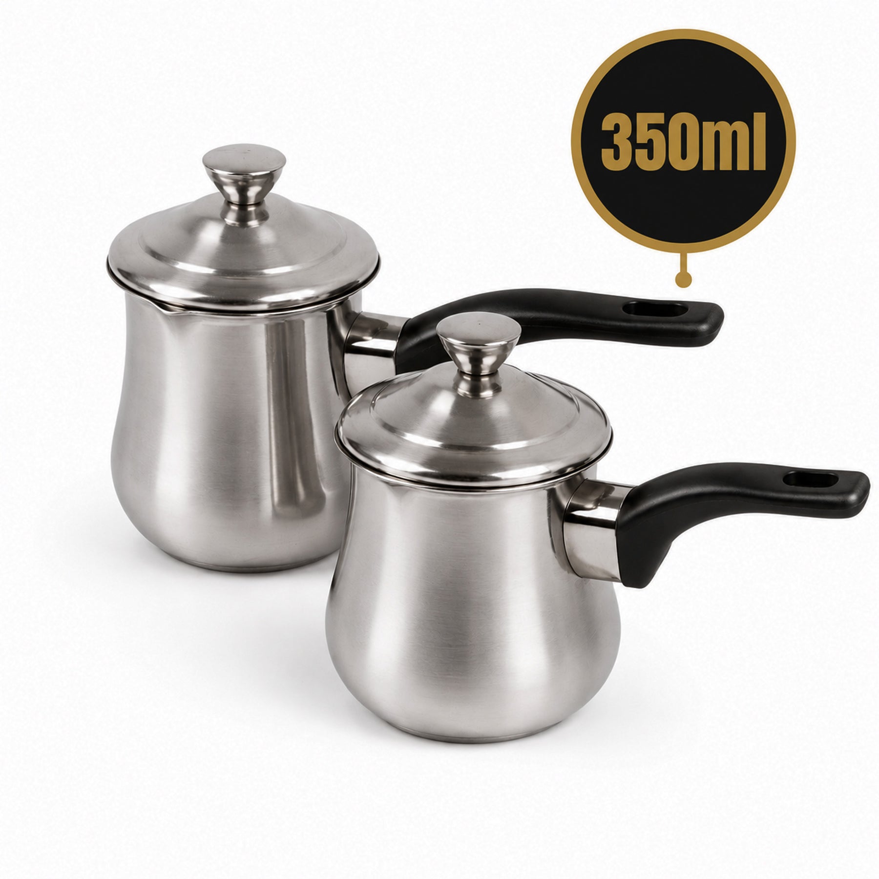 Stainless Steel Tes Pots with Lid and Black Plastic Handle 2 Piece Set 350ML