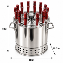 Large Stainless Steel Charcoal BBQ Grill & Skewer Set – Portable Vertical Kabob Grill with Wooden-Handle Skewers, Lid & Accessories