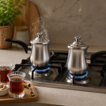 2-Piece 520 mL Stainless Steel Tea Pot Set with Lids and Black Handles