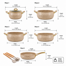 12-Piece Contemporary Beige Nonstick Cookware Set with Gold Handles, Glass Lids & 3 Cooking Utensils
