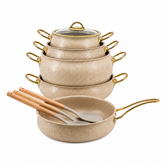 12-Piece Contemporary Beige Nonstick Cookware Set with Gold Handles, Glass Lids & 3 Cooking Utensils