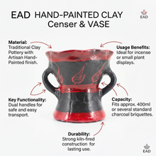 Traditional Decorated Clay Charcoal Holder 9.5" x 7.5" - Black-Red