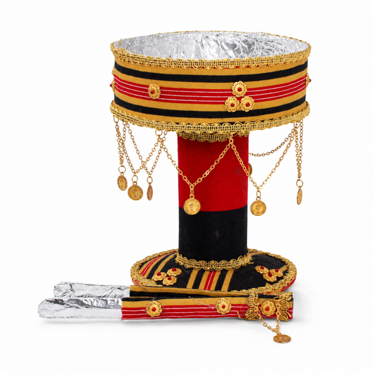 Traditional San’ani Steel Charcoal Holder, Gold, Black & Red, 8.5 Inch