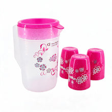 Floral Plastic Juice Jug with Matching Cups - 4-Piece Drinkware Set - Pink