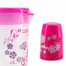 Floral Plastic Juice Jug with Matching Cups - 4-Piece Drinkware Set - Pink